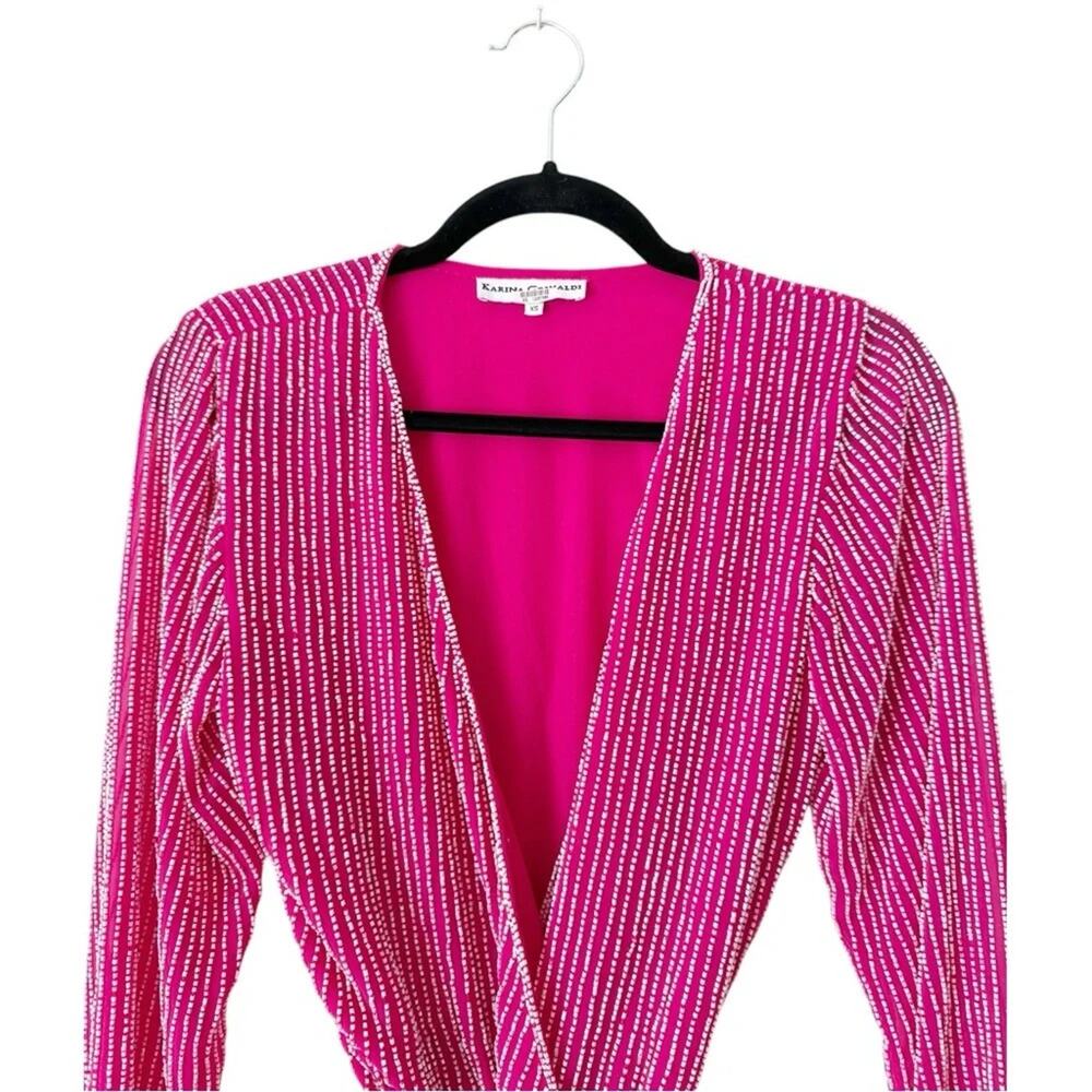 Karina Grimaldi Velvet Beaded Mini Wrap Robe Dress in Pink Size XS Extra Small - Picture 3 of 11